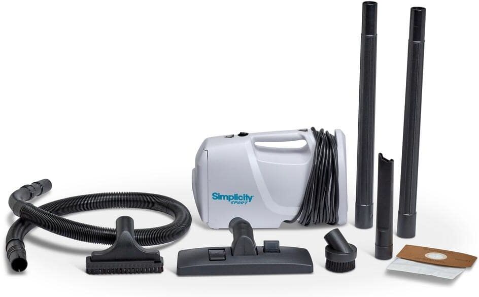 Simplicity Sport Series Bagged, 25' Corded Electrostatic Filter MultiSurface, White Canister Vacuum, with Tools & Strap