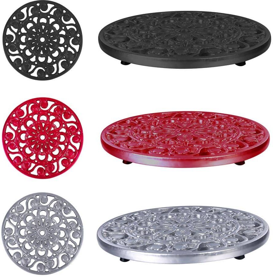 Trademark Innovations 7.75 in. Decorative Cast Iron Metal Trivets (Black, Red and Silver, Set of 3)