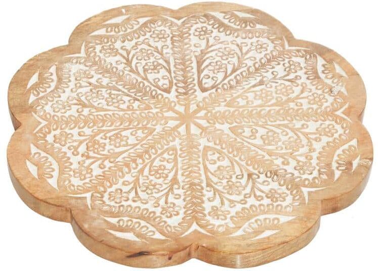 Litton Lane 1- Tier 15 in. DRound Brown Rustic Cake Stand with Wood Base and White Carving Design