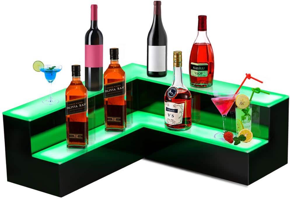 VEVOR 8-Bottle Corner LED Liquor Bottle Display Shelf 20 in. Wine Rack 2-Step Bar Shelves for Liquor