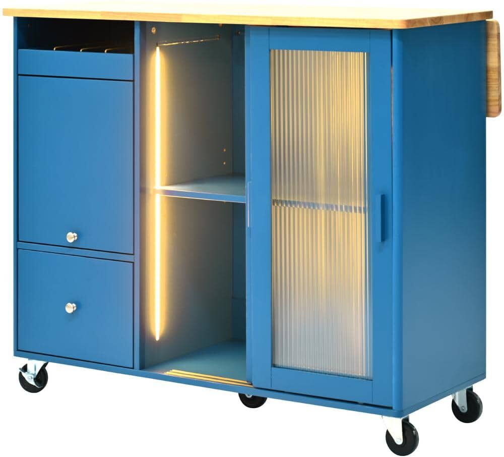 LED Blue Wood 44.03 in. Kitchen Island on Wheels with Flip Doors Slide Fluted Glass Doors Drop Leaf and Adjustable Shelf