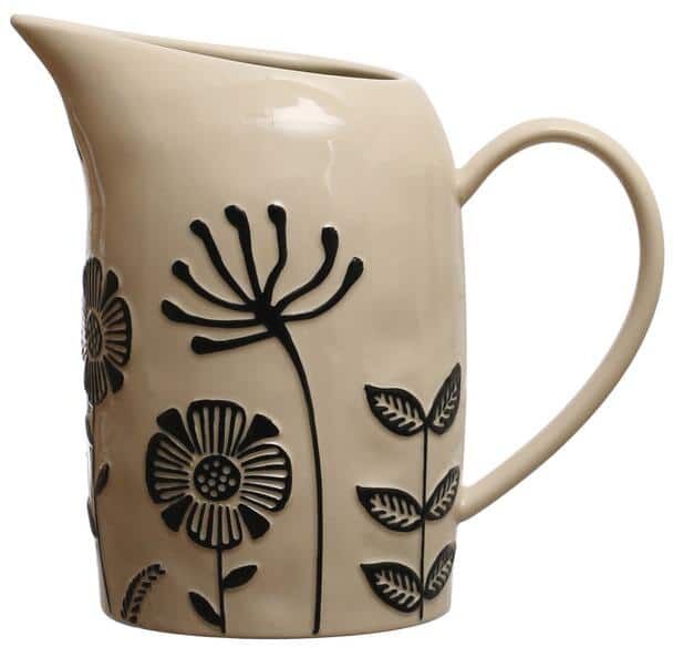 Storied Home 62 fl. oz. Beige and Black Hand-Painted Stoneware Pitchers with Embossed Flowers