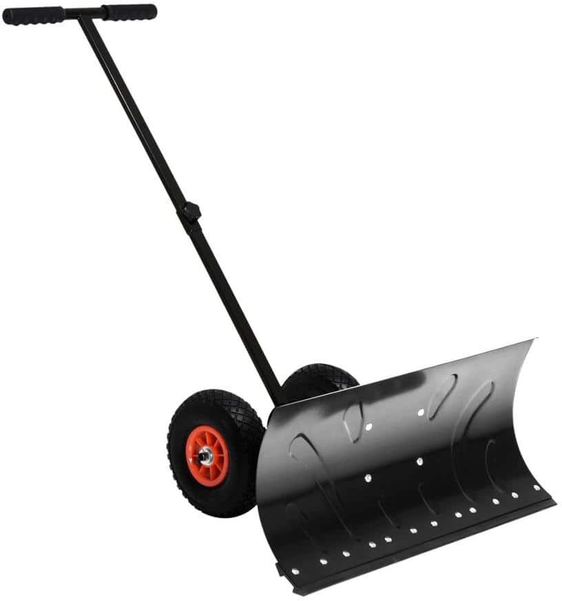 AUTMOON 15.75 in. Rubber Angle-Adjustable Handle Steel Snow Shovel Rolling Pusher with Wheels, Black