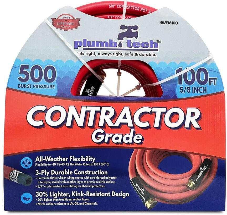 plumb tech Fits right, always tight, safe & durable. 5/8 in. dia. x 100 ft. Hot/Cold Water Hose: Premium Red Nitrile Rubber Multi-Purpose Contractor Grade, BP 500-Piece