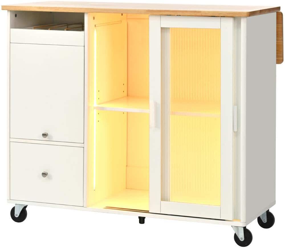 LED White Wood 44.03 in. Kitchen Island on Wheels with Flip Door Slide Fluted Glass Doors Drop Leaf and Adjustable Shelf