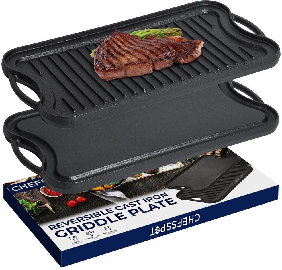 CHEFSSPOT Preseasoned Cast Iron Reversible Griddle Plate Pan - Even Heat Distribution - Works on Oven, Stove, Grill and Fire