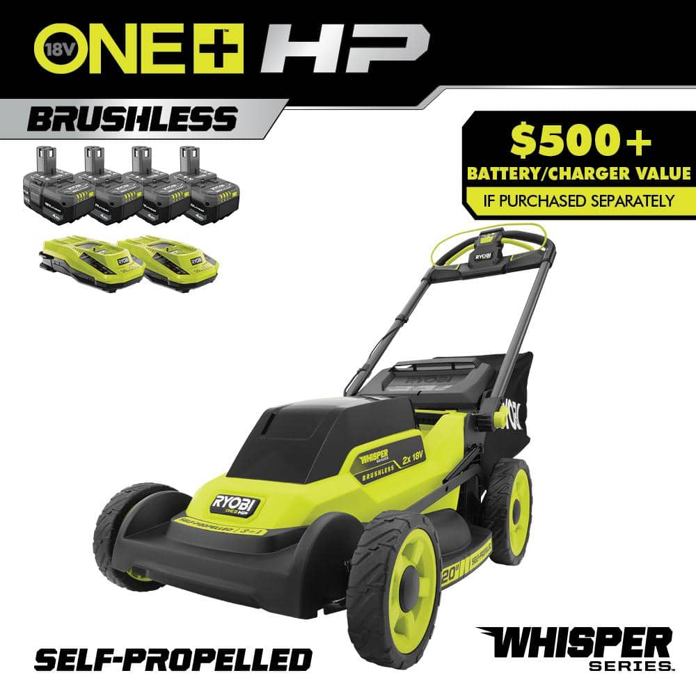 RYOBI ONE+ 18V HP Brushless Whisper Series 20" Self-Propelled Multi-Blade Walk Behind Mower - (4) 4.0 Batteries & (2) Chargers