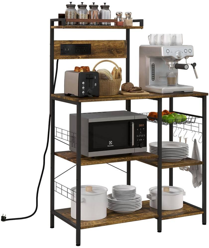 Tileon Brown Bakers Rack with Power Outlet, USB Charger, Microwave Stand with Wire Basket,Kitchen Shelves with 5 S-Hooks