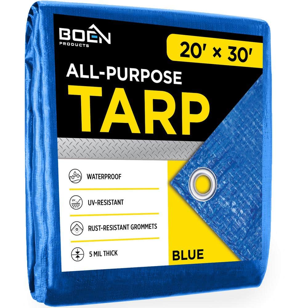 BOEN Heavy Duty Blue Poly Tarp Cover 20 ft. W x 30 ft. L Waterproof, Tarpaulin
