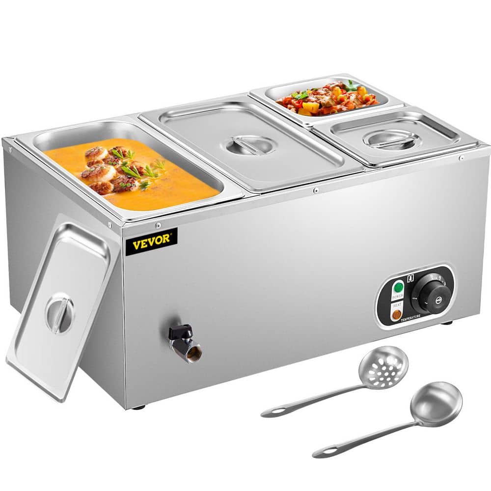 VEVOR 6 in. Deep Commercial Food Warmer 2x1/3GN and 2x1/6GN 4-Pan Stainless Steel Bain Marie 14.8 Qt. Capacity, 1500W