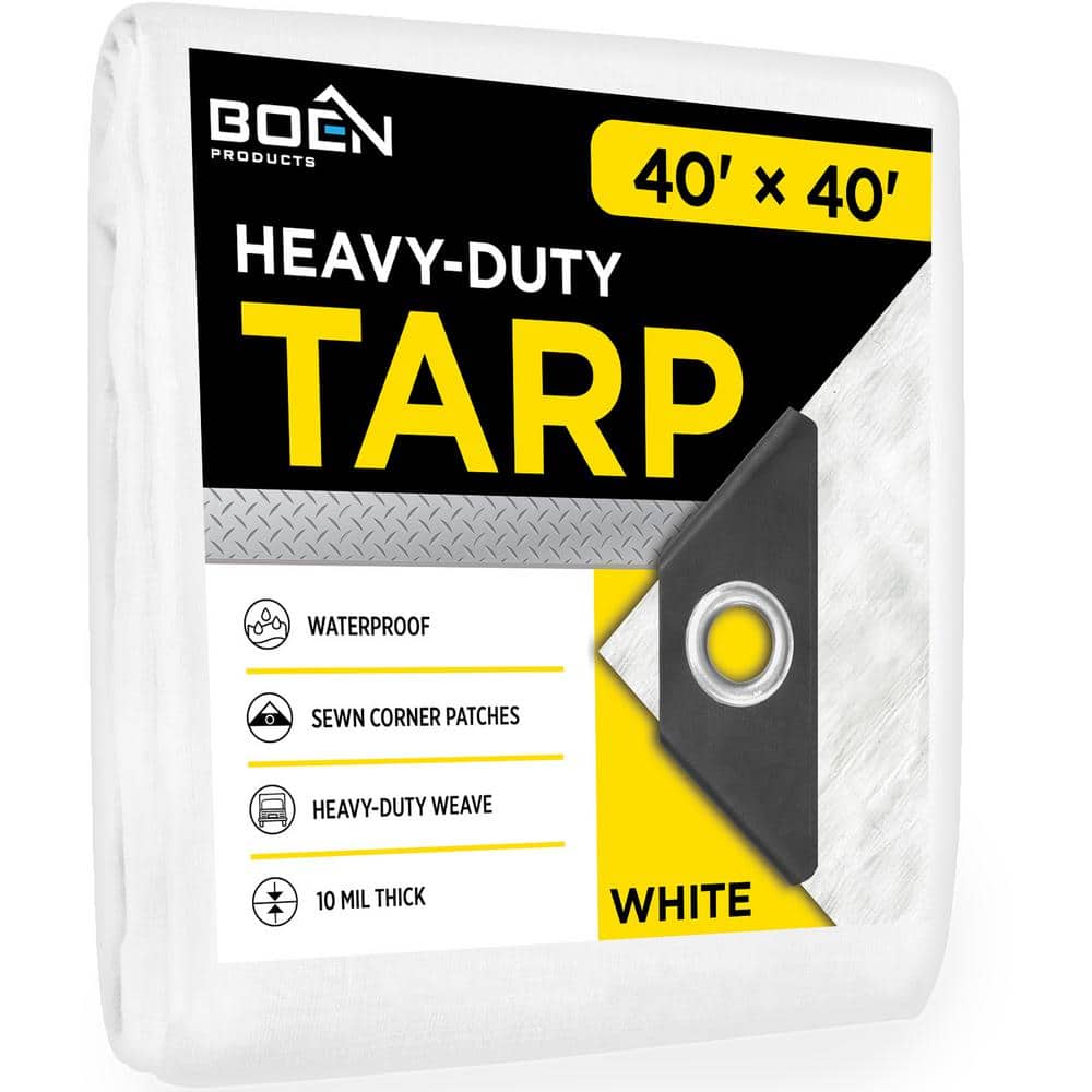 BOEN 40 ft. x 40 ft. 10 Mill Thick White Poly Heavy-Duty Waterproof, Tarpaulin Great Tarp Cover for Canopy Tent, Boat, RV