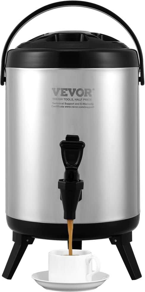 VEVOR Stainless Steel Insulated Beverage Dispenser 1.5 Gal. 6L Hot and Cold Drink Food-grade for Restaurant Shop (Silver)