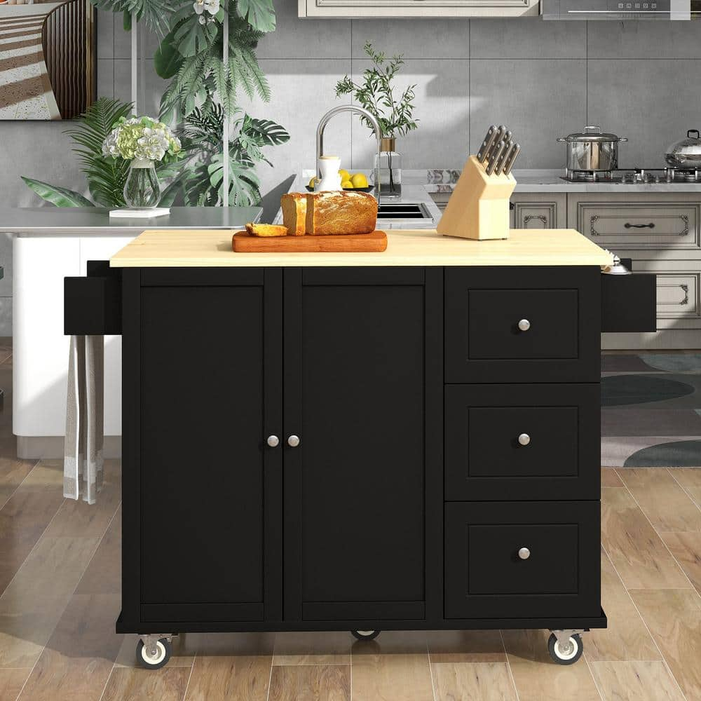 Harper & Bright Designs 52.7'' W Black Kitchen Cart Island with Solid Wood Top and Locking Wheels