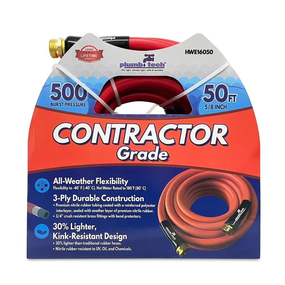 plumb tech Fits right, always tight, safe & durable. 5/8 in dia. x 50 ft. Premium Red Nitrile Rubber Multi-Purpose Hot/Cold Water Hose: Contractor Grade, BP 500-Piece