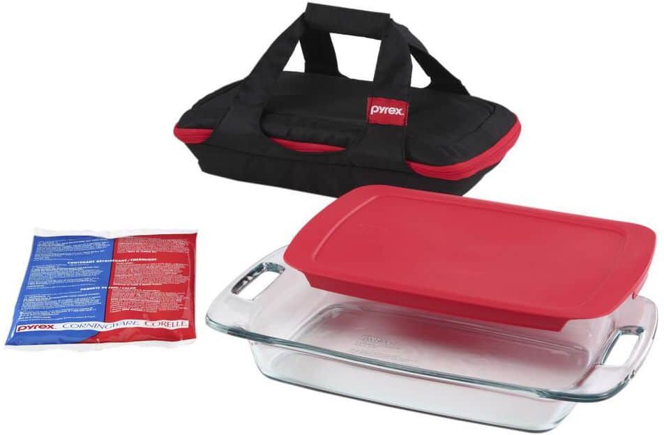 Pyrex 3 Qt. 2.85 L 3 Piece Easy Grab with Red Plastic Cover and Black Portablebag Set