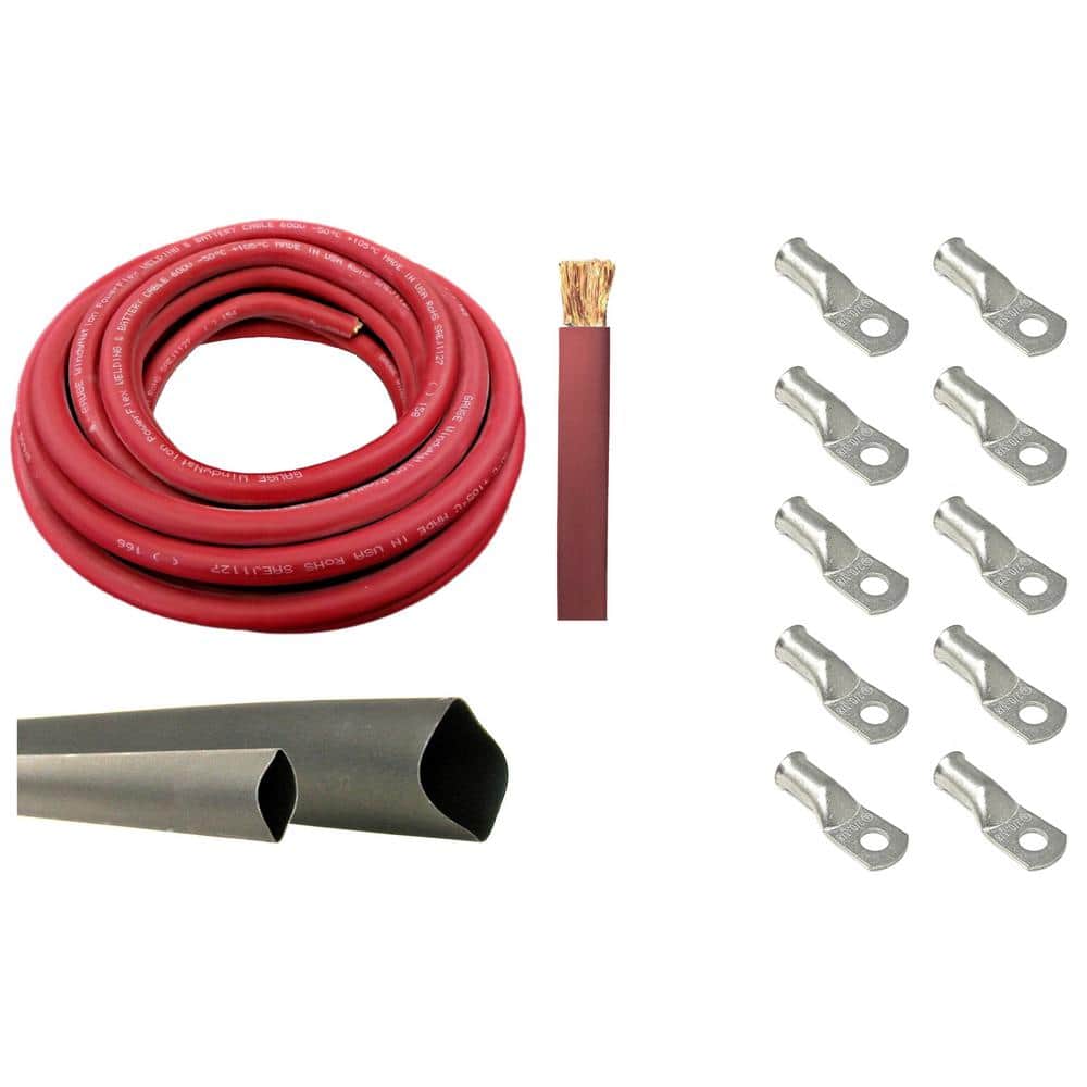 WindyNation 2/0-Gauge 20 ft. Red Welding Cable Kit Includes 10-Pieces of Cable Lugs and 3 ft. Heat Shrink Tubing
