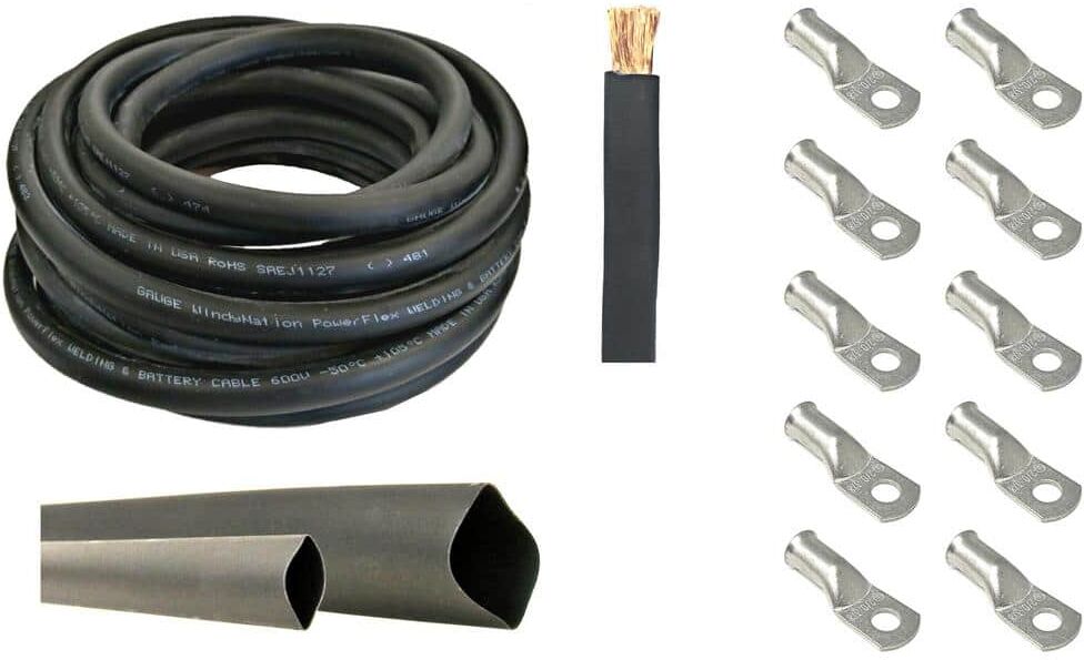 WindyNation 2/0-Gauge 25 ft. Black Welding Cable Kit Includes 10-Pieces of Cable Lugs and 3 ft. Heat Shrink Tubing