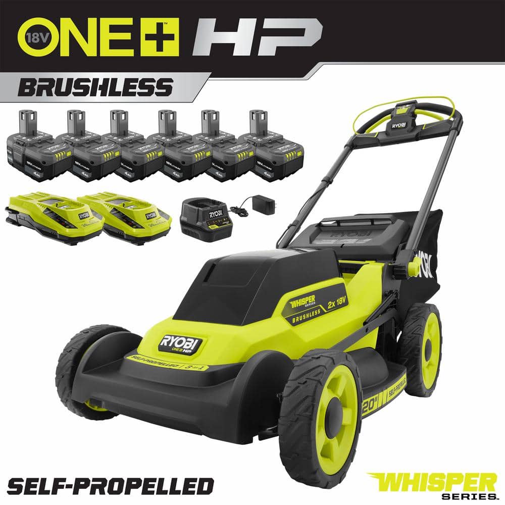 RYOBI ONE+ 18V HP Brushless Whisper Series 20" Self-Propelled Dual Blade Walk Behind Mower-(6) 4.0 Batteries and (3) Chargers