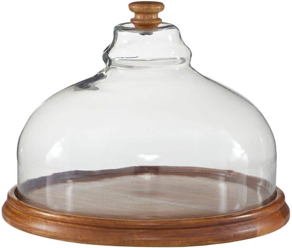 Litton Lane 1- Tier 13 in. x 10 in. Brown Round Wood Cake Stand with Glass Cloche Cover