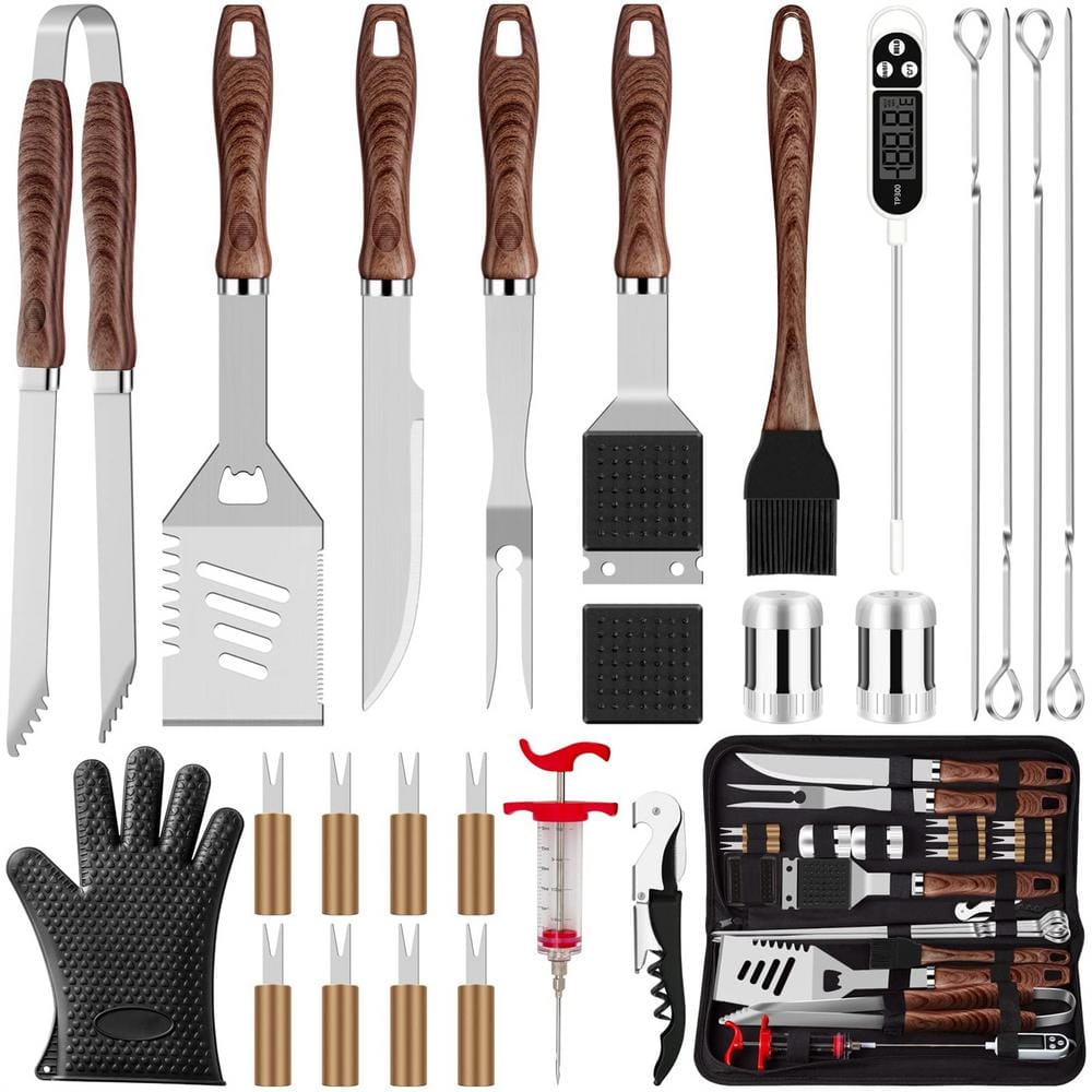 Dyiom 26-Piece Stainless Steel Heavy-Duty BBQ Tools Grilling Accessories Kit in Brown