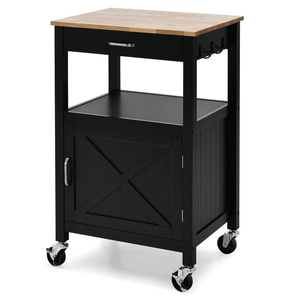 Bunpeony Black Stainless Steel Kitchen Cart Island on Wheels with Barn Door, Drawer and Side Hooks