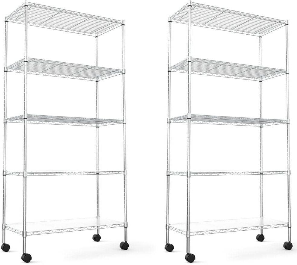 Amucolo 5-Tier Chrome Heavy Duty Storage Wire Rack with Wheels, NSF Height Adjustable Metal Garage Storage Rack(Set of 2)