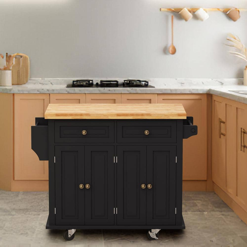 FAMYYT Black Rolling Wood Tabletop 43 in. Kitchen Island Cart with Drawers