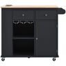 Black Wood 40 in. Kitchen Island with Power Outlet, Rubber Wood Top, Adjustable Storage Shelves, 5-Wheels