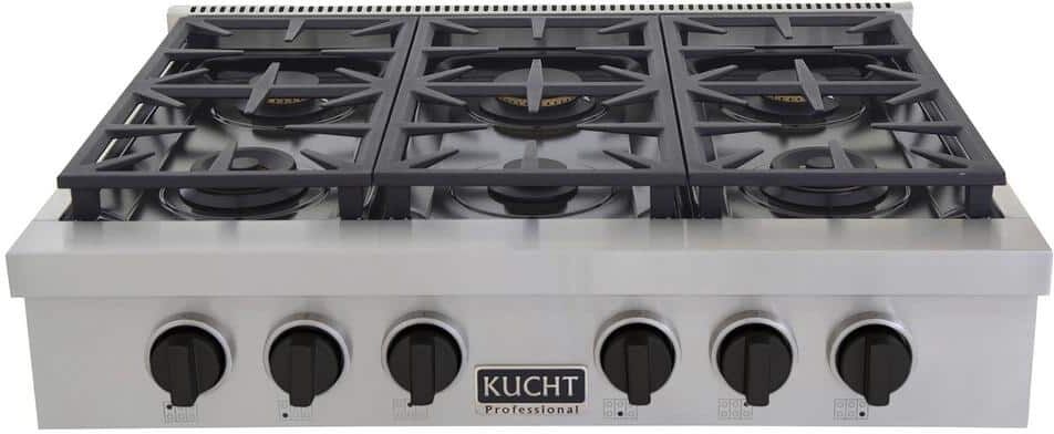 Kucht Professional 36 in. Natural Gas Range Top in Stainless Steel and Tuxedo Black Knobs with 6 Burners