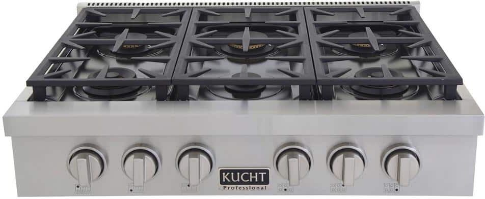 Kucht Professional 36 in. Liquid Propane Gas Range Top in Stainless Steel and Classic Silver Knobs with 6 Burners