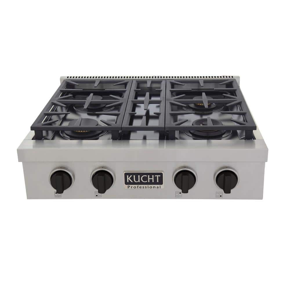Kucht Professional 30 in. Natural Gas Range Top in Stainless Steel and Tuxedo Black Knobs with 4 Burners