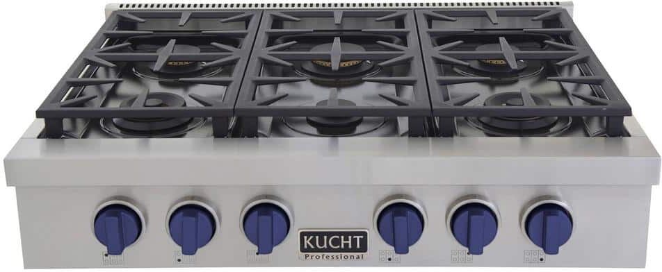 Kucht Professional 36 in. Liquid Propane Range Top in Stainless Steel and Royal Blue Knobs with 6 Burners