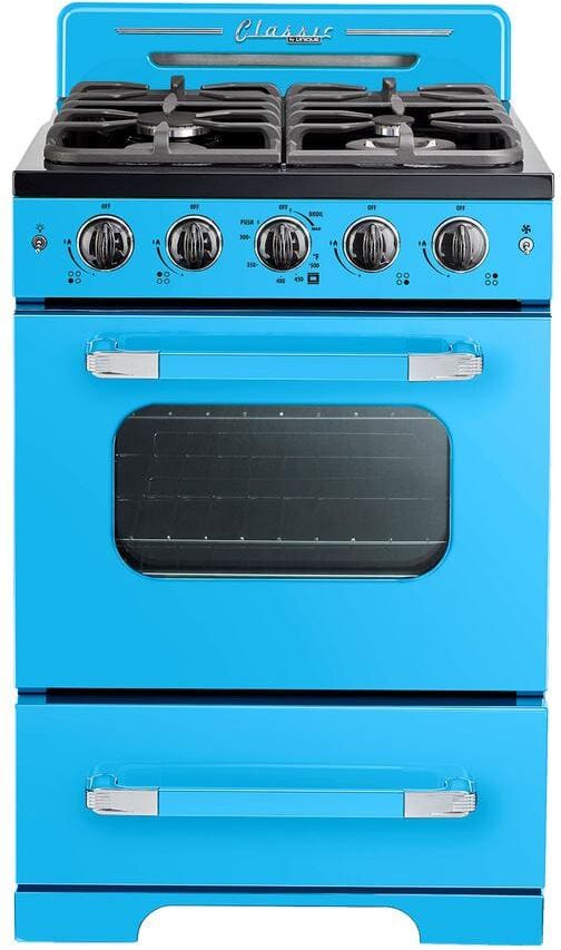 Unique Classic Retro 24 in. 2.9 cu. ft. Retro Gas Range with Convection Oven in Robin Egg Blue