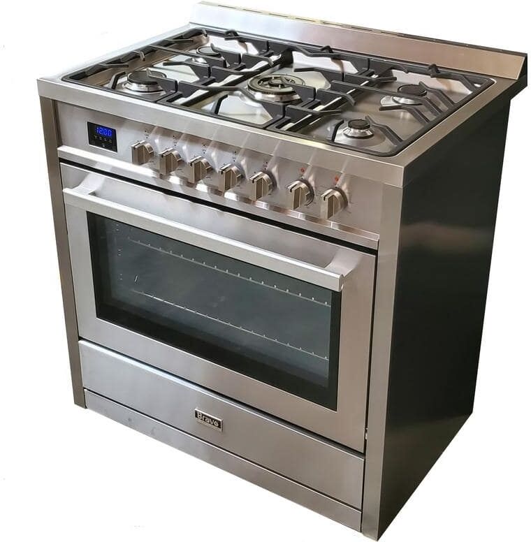 Bravo KITCHEN 36 in. 5 Burner Dual Fuel Range with Gas Stove and Electric Oven and True Convection Bake Function in Stainless Steel