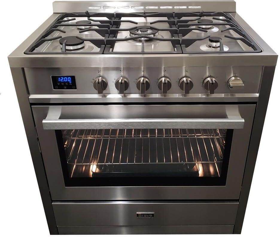 Bravo KITCHEN 36 in. 5 Burner Slide-In Dual Fuel Range in Commercial Stainless Steel with European Convection, Broil and Air Fryer