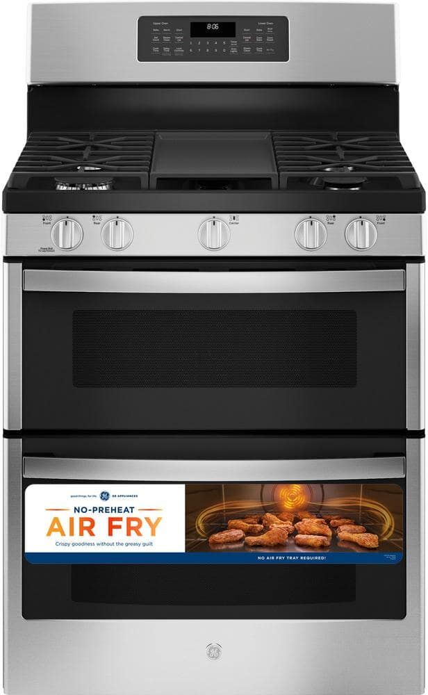 30 in. 6.8 cu. ft. Freestanding Double Oven Gas Range in Stainless Steel with Convection and Air Fry