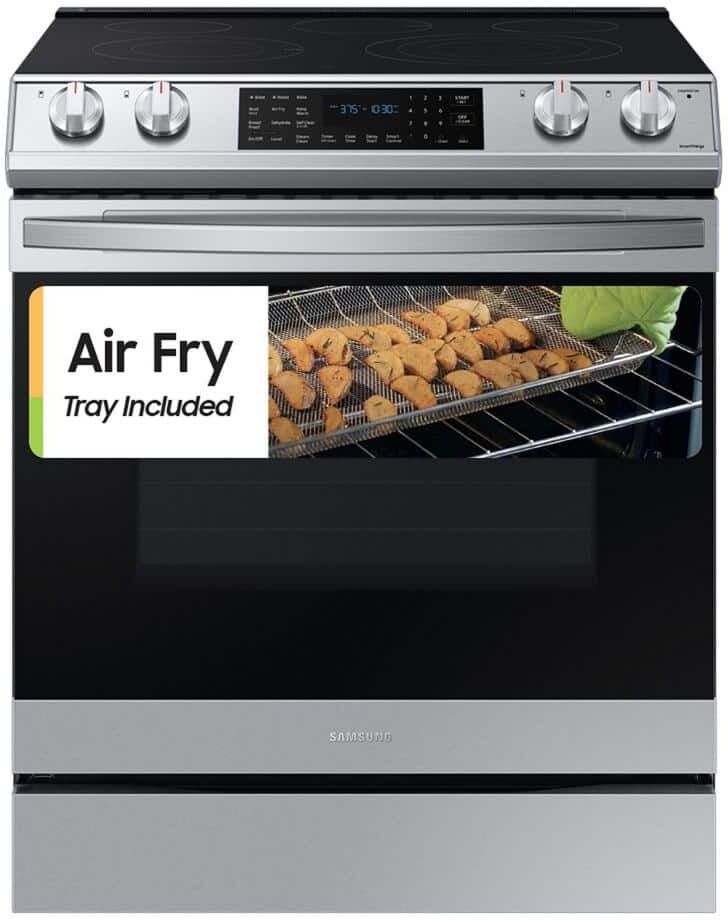 Samsung 30 in. 6.3 cu. ft. Smart 5-Element Slide-In Electric Range with Air Fry Convection Oven in Stainless Steel