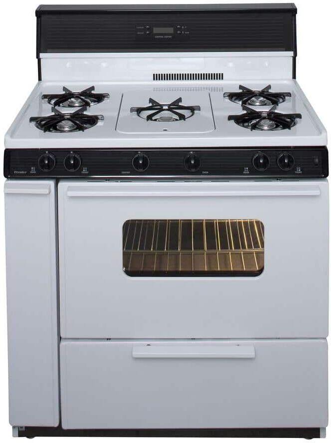 Premier 36 in. 3.91 cu. ft. Freestanding Gas Range with 5th Burner and Griddle Package in White with Black Trim