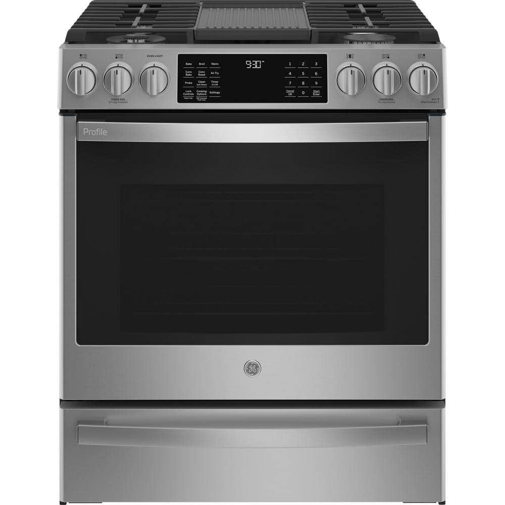 Profile 30 in. 5 Burner Smart Slide-In Gas Range in Fingerprint Resistant Stainless with Convection and Air Fry