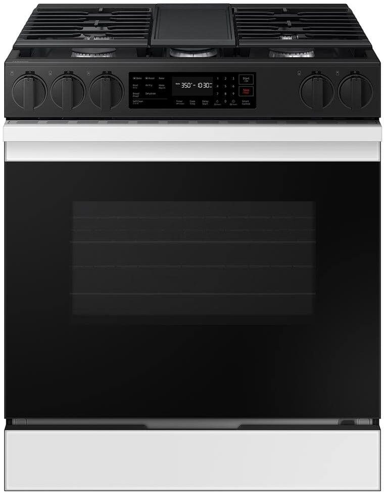 Samsung Bespoke 30 in. 6.0 cu. ft. 5 Burner Smart Slide-In Gas Range with Air Fry & Safety Knobs in White Glass