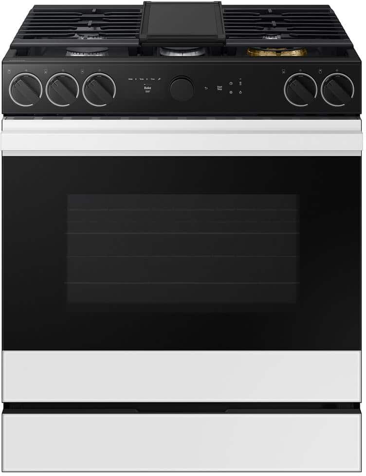 Samsung Bespoke 30 in. 6.0 cu. ft. 5 Burner Smart Slide-In Gas Range with Smart Oven Camera & Air Fry + Sous Vide in White Glass