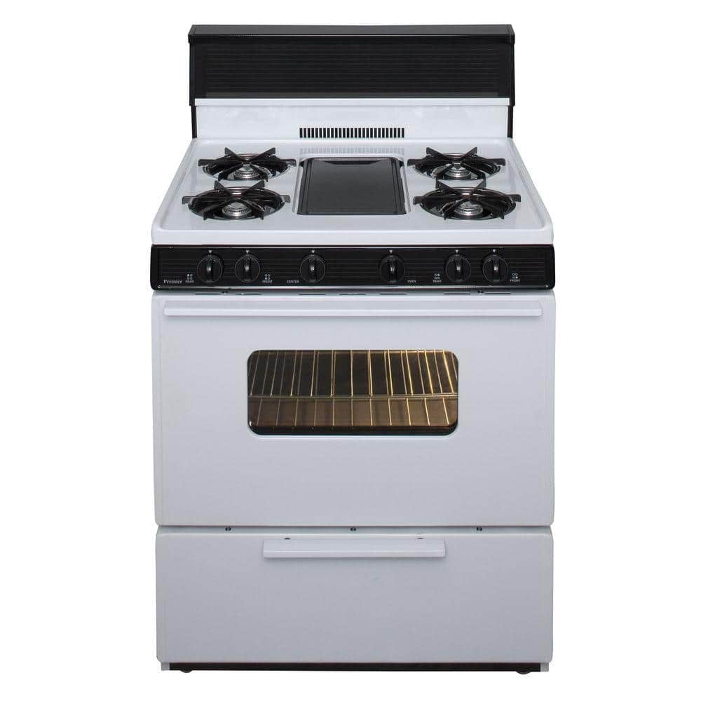 Premier 30 in. 3.91 cu. ft. Battery Spark Ignition Gas Range with 5 Burner and Griddle Package in White
