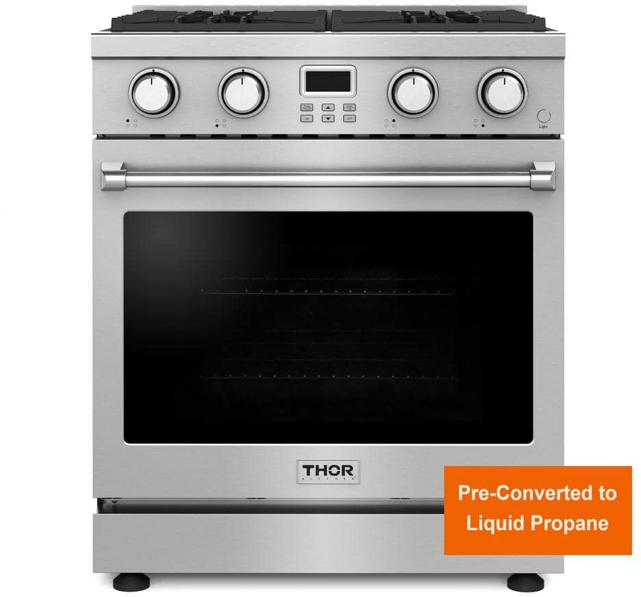 Thor Pre-Converted A Series 30 in. 4-Burners Free-Standing Comtemporary Gas Range in Stainless Steel with Convection Oven