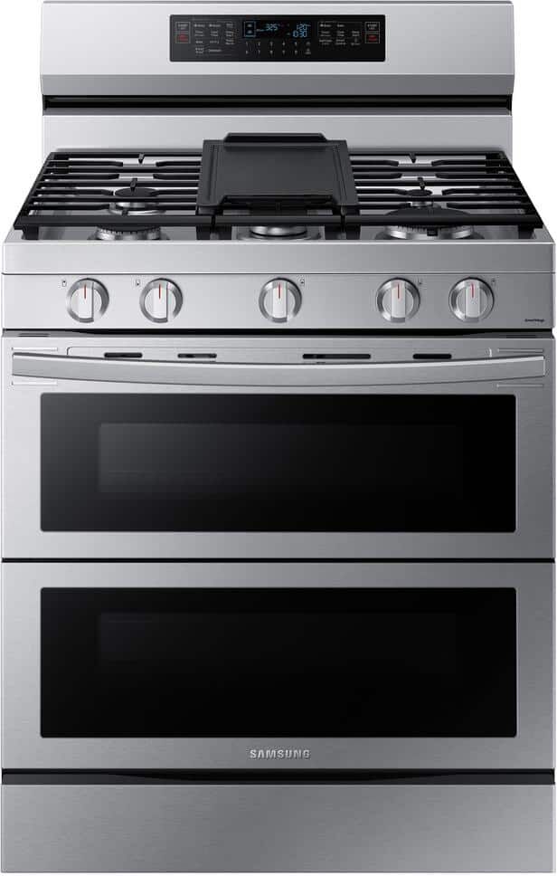 Samsung 6 cu. ft. 30 in. Freestanding Smart Double Oven Gas Range with Air Fry Fingerprint Resistant in. Stainless Steel