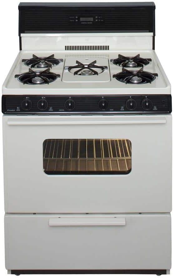 Premier 30 in. 3.91 cu. ft. Freestanding Gas Range with 5th Burner and Griddle Package in Biscuit