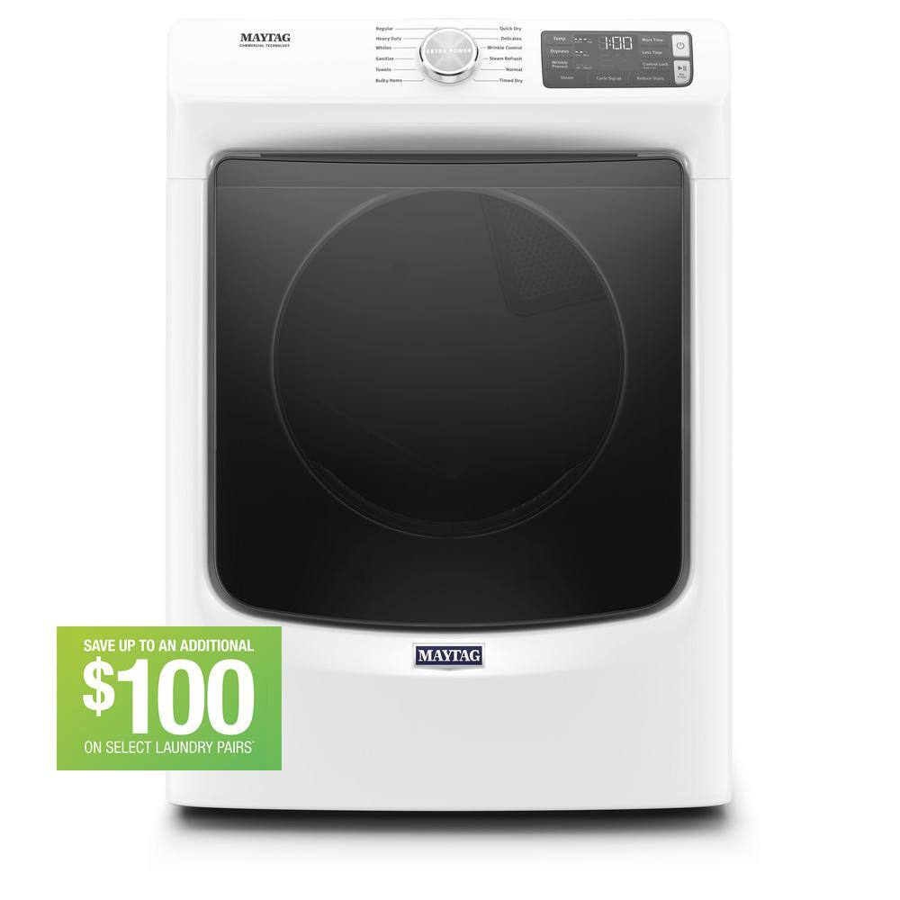 Maytag 7.3 cu. ft. 240-Volt White Stackable Electric Vented Dryer with Steam, ENERGY STAR