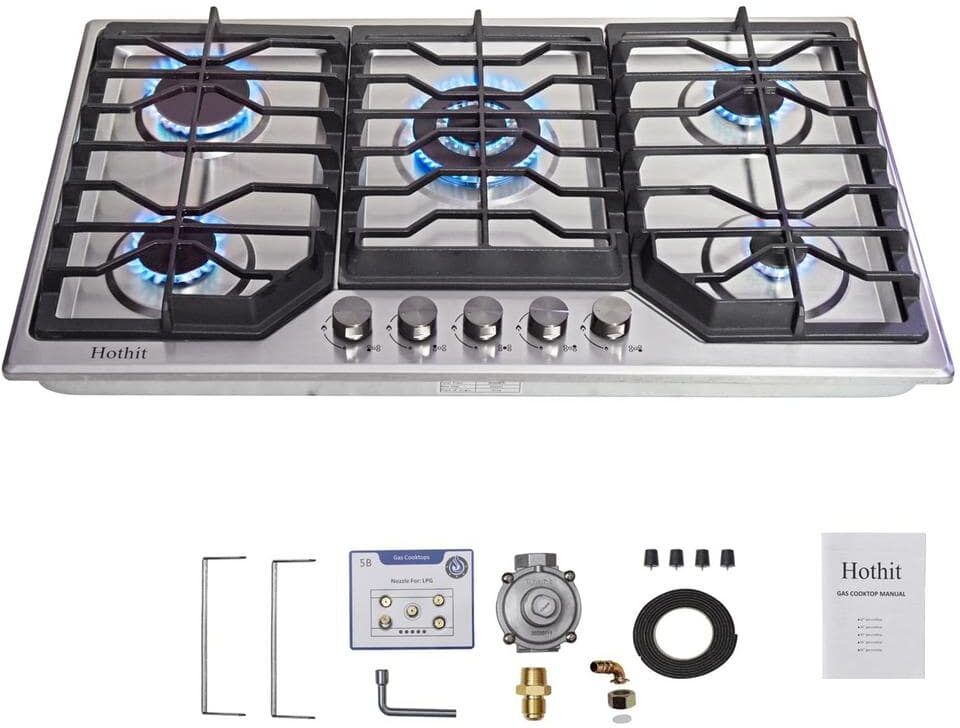 FUNKOL 34 in. 5-Burner Gas Cookto LPG/NG Dual Fuel Stainless Steel in Silver with Cast Iron Grille