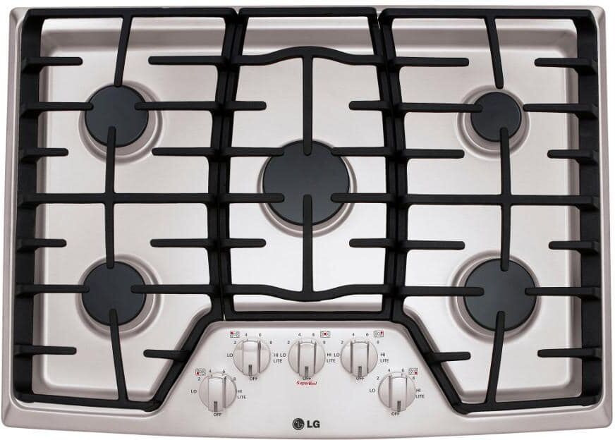 LG 30 in. Recessed Gas Cooktop in Stainless Steel w/5 Burners Including 17K SuperBoil Burner, Heavy Duty Cast Iron Grates