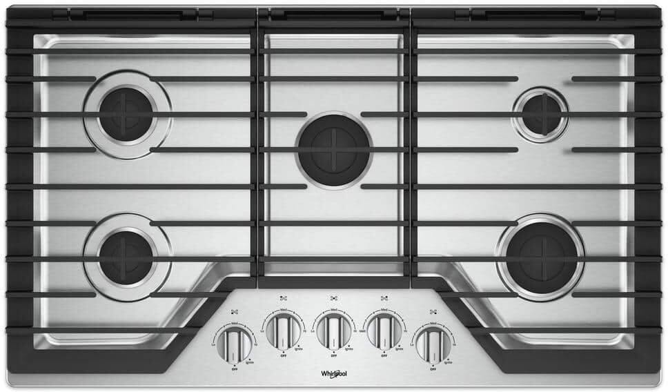 Whirlpool 36 in. Gas Cooktop in Stainless Steel with 5 Burners and EZ-2-LIFT Hinged Cast-Iron Grates