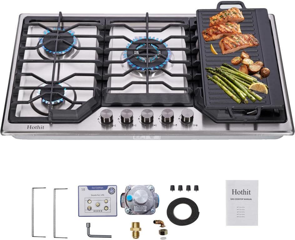 CASAINC 34 in. Gas Stove 5-Burners Recessed Gas Cooktop in Stainless Steel with Cast Iron Griddle and LP Conversion Kit